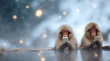 Two snow monkeys soaking in a hot spring while using smartphones in a snowy setting.