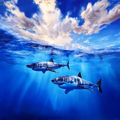 Two Great White Sharks in Sunlit Ocean