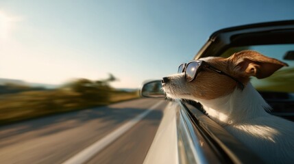 A dog wearing sunglasses enjoys a car ride, head out the window with ears flapping in the wind.

