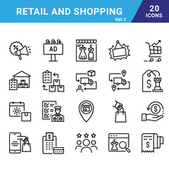 Retail and Shopping line icon set for commercial use.