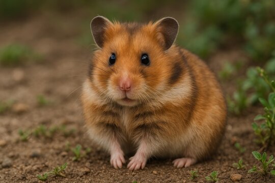 Adorable hamster on dirt ground.