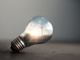  A conceptual image of a light bulb reflecting a scene of wind turbines and solar panels, symbolizing sustainable energy innovation.