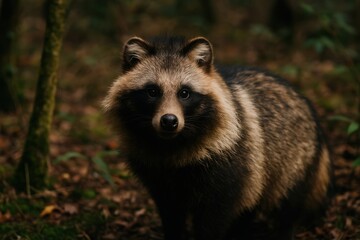 Obraz premium Raccoon dog in forest habitat.