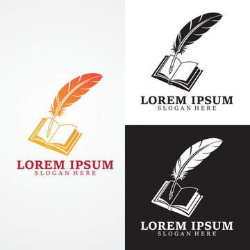 Feather Pen Book Logo &ndash; Vintage Writing and Publishing Icon