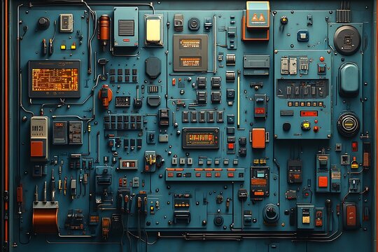 Complex electronic control panel with numerous components and integrated display elements