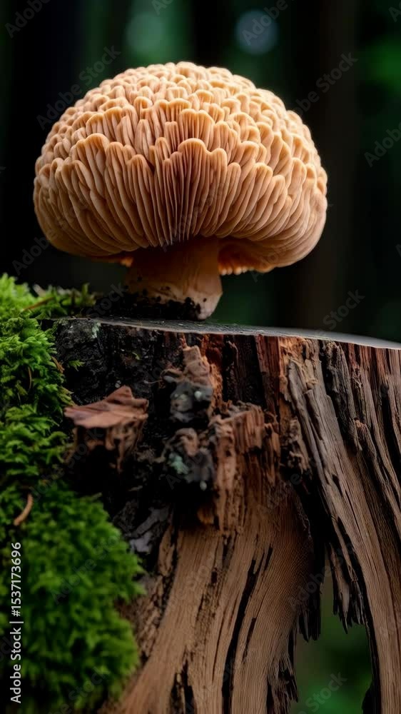 Poster macro view of a large agaric mushroom with lamellae on a tree stump surrounded by green moss in the 