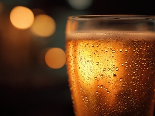 Close-up of a cold, refreshing beer with condensation on the glass, captured in a moody, warmly lit atmosphere.