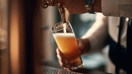 A bartender pouring a fresh glass of beer from a tap, capturing the golden hues and frothy texture in a cozy pub setting.

