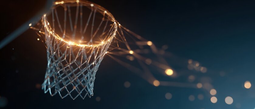 A futuristic basketball hoop made of glowing digital light strands, representing innovation in sports technology.