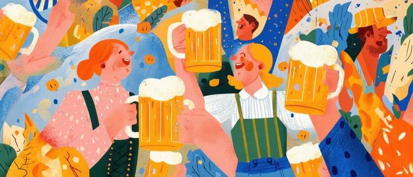 Colorful illustration of cheerful people enjoying beers together in a festive celebration scene.

