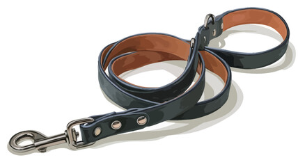 Obraz premium High-angle, close-up studio shot of a dark-blue leather dog leash and matching collar set. The leash is coiled and laid on a white background. The collar is attached to the leash.