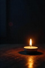 A single candle flame illuminates a darkened room, casting ethereal light and shadows on a wooden surface Perfect for themes of peace, contemplation, and inner light , inner peace, hope, zen