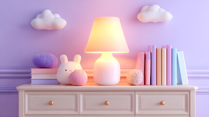 Cute pastel dresser setup with glowing lamp, books, plush toys, and decorative clouds on a lavender wall background