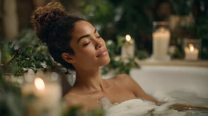 Woman with a relaxed expression enjoys a luxurious bath surrounded by lush greenery and soothing candlelight. Perfect for concepts of relaxation, self-care, and spa advertisements featuring 