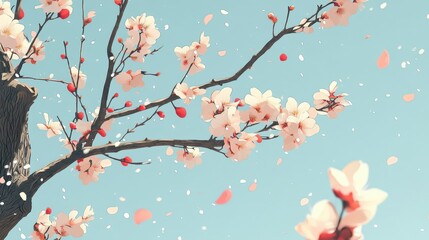 Blooming cherry blossoms against a clear blue sky, with petals gently falling