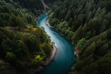 River winding through dense forest in vibrant contrast view
