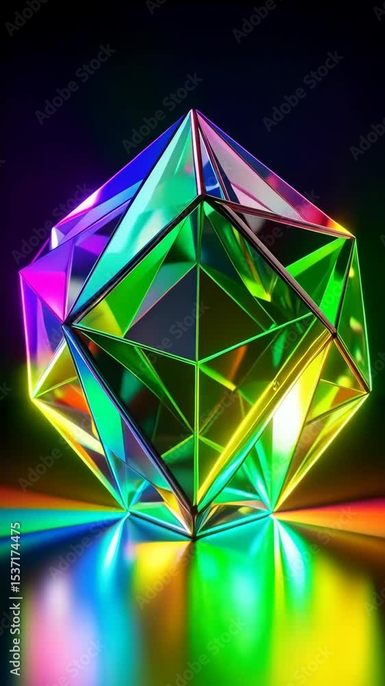 Poster abstract iridescent dodecahedron with geometric shapes glowing against a dark background, creating a