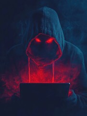 Mysterious hooded figure warns of crypto fraud with a glowing laptop under a dark, ominous mood.