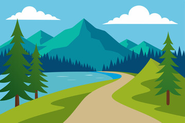 Fototapeta premium Serene Mountain Lake Path A Picturesque Landscape Illustration