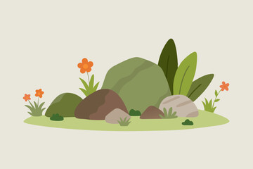 Serene Rock Garden Illustration  Blooming Flowers and Lush Greenery