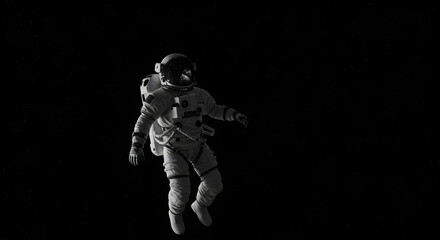 Fototapeta premium Astronaut drifting in the black void of space, monochrome style