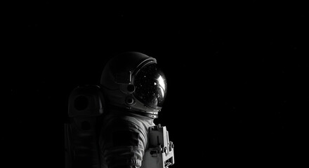 An astronaut exploring the vast, dark expanse of space against a starry black background