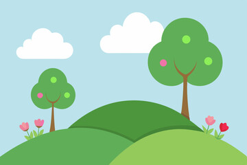 Fototapeta premium Seasonal vector landscapes with trees, flowers, and meadows under a bright sky