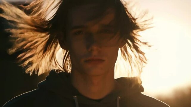 Close-up of a young man with loose hoodie strings whipping in the wind, expressionless face, heavy motion blur on strings, bold backlight