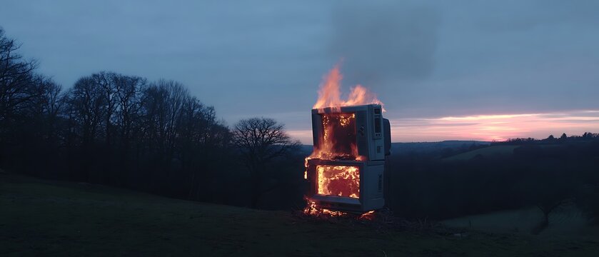 Burning TV set in landscape
