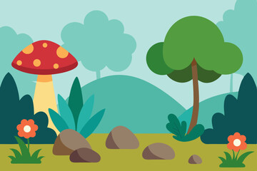 Whimsical cartoon forest seamless pattern featuring autumn mushrooms, trees, and grass, perfect for a nature-themed vector illustration