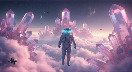 Astronaut in a Dreamscape of Crystal Formations and Celestial Clouds
