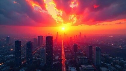 Fototapeta premium A vibrant sunrise over a cityscape, symbolizing the invigorating and powerful energy needed for career success and ambition , development, work
