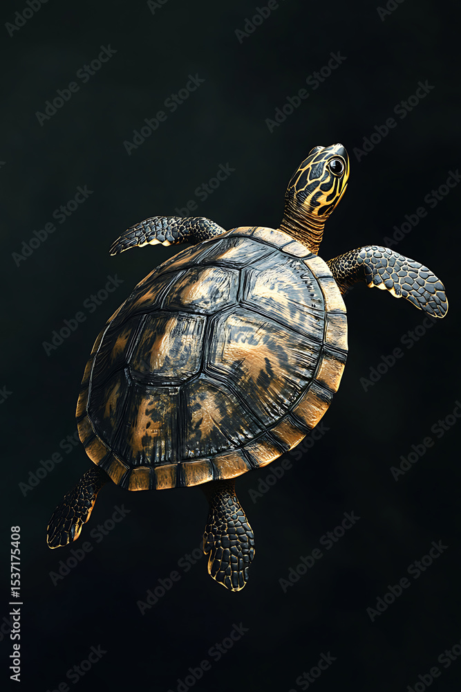 Poster a realistic turtle gracefully swimming through dark waters, showcasing intricate shell patterns