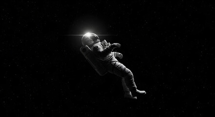 Astronaut adrift in space illuminated with a solitary spotlight against the cosmos
