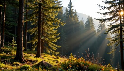 Morning Light Illuminates Evergreen Forest in Tranquil Nature Scene Vibrant Greenery Peaceful Environment
