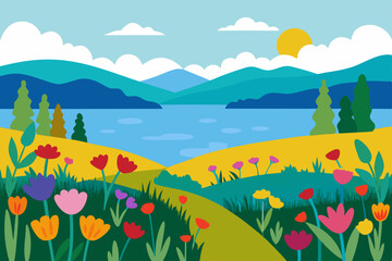 Naklejka premium Vibrant Spring Landscape Colorful Flowers Blooming by Serene Lake and Majestic Mountains