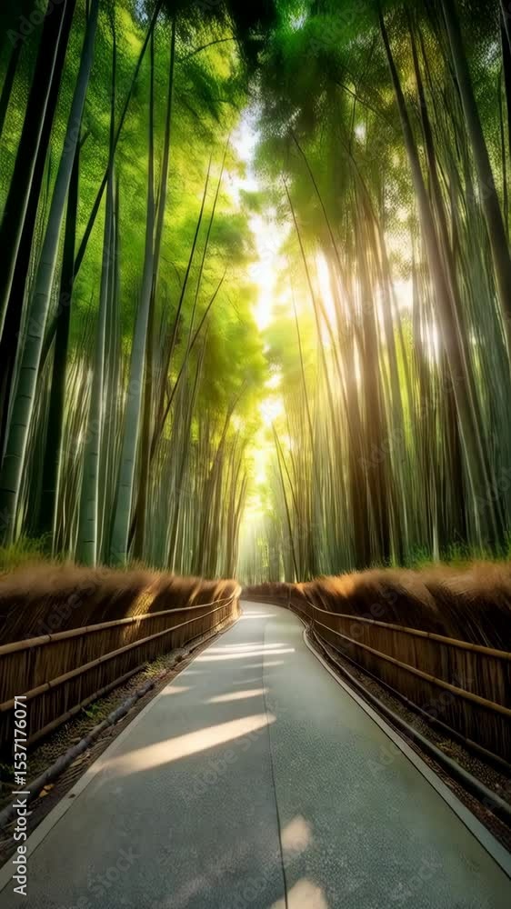 Aufkleber pathway through a dense green bamboo forest with warm sunlight filtering through tall trees creating