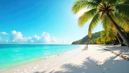 Obraz premium Sun-drenched beach scene with vibrant turquoise water lapping gently on the shore, palm trees swaying in the warm breeze, perfect for summer holiday brochures and websites , warmth, tranquil, outdoor