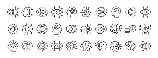 Collection of Brain, Mind, and Artificial Intelligence Network Icons – Cognitive Process and Technology Connection Set