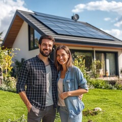 Happy couple standing outside their home equipped with modern solar panels, symbolizing renewable energy and sustainable living, surrounded by a beautifully landscaped garden on a bright sunny day.