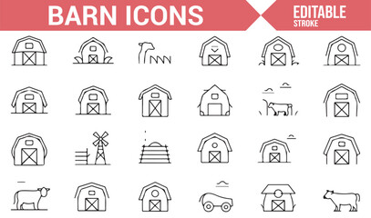 Editable Vector Icons Set Representing Barns, Farms, Livestock, and Agricultural Buildings