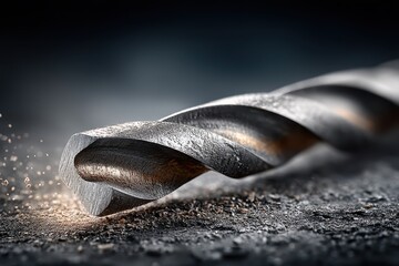 Drill bit close-up. Sharp edge on rough surface shows precision drilling. Emphasizes tools, materials, and craftsmanship