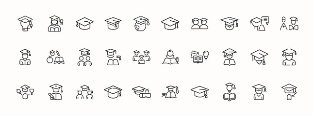 Set of Graduation and Education Line Icons Collection – Academic Caps, Diplomas, and Students