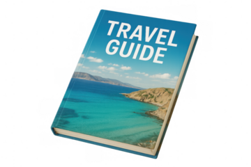Travel guidebook displaying tropical island landscape, resting on transparent surface, highlighting vacation planning and wanderlust inspiration