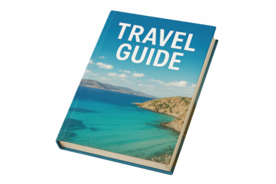 Travel guidebook displaying tropical island landscape, resting on transparent surface, highlighting vacation planning and wanderlust inspiration