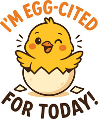 yellow chick, hatching from an egg, with excitable expression, 2d vector illustration, cute, kawaii, bright colors
