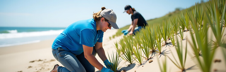 beach conservation project volunteers planting dune