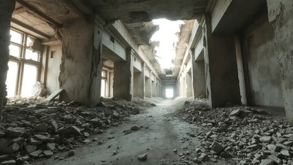 Hallway of ruined structure with concrete pillars, debris, and bright light emerging from the end of the corridor