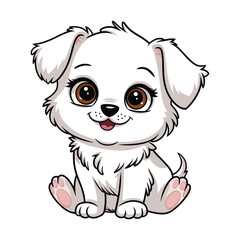 A cute, fluffy white puppy with large, expressive brown eyes and a small black nose sits attentively.