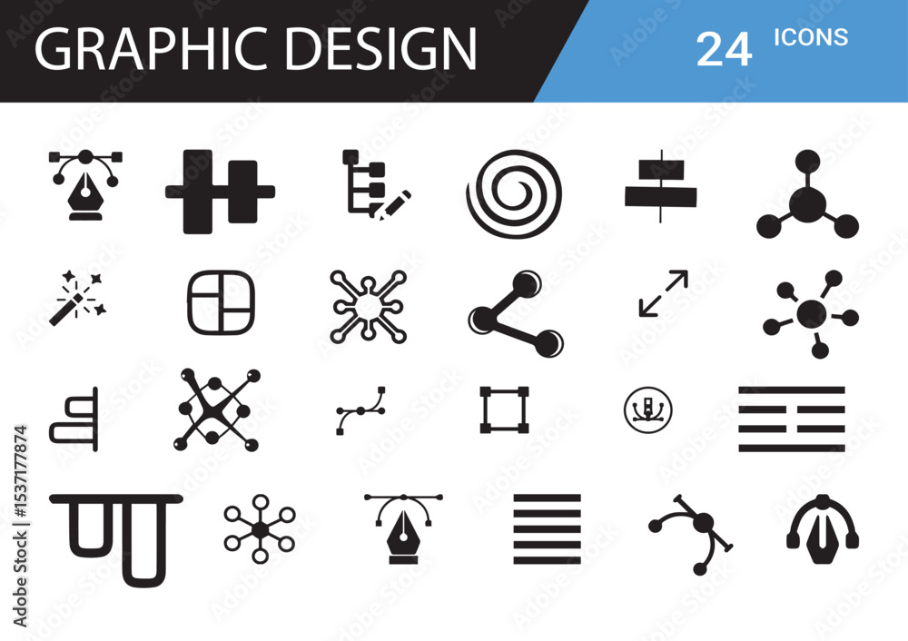 Poster graphic design icons: a set of 24 icons representing various aspects of graphic design, providing vi